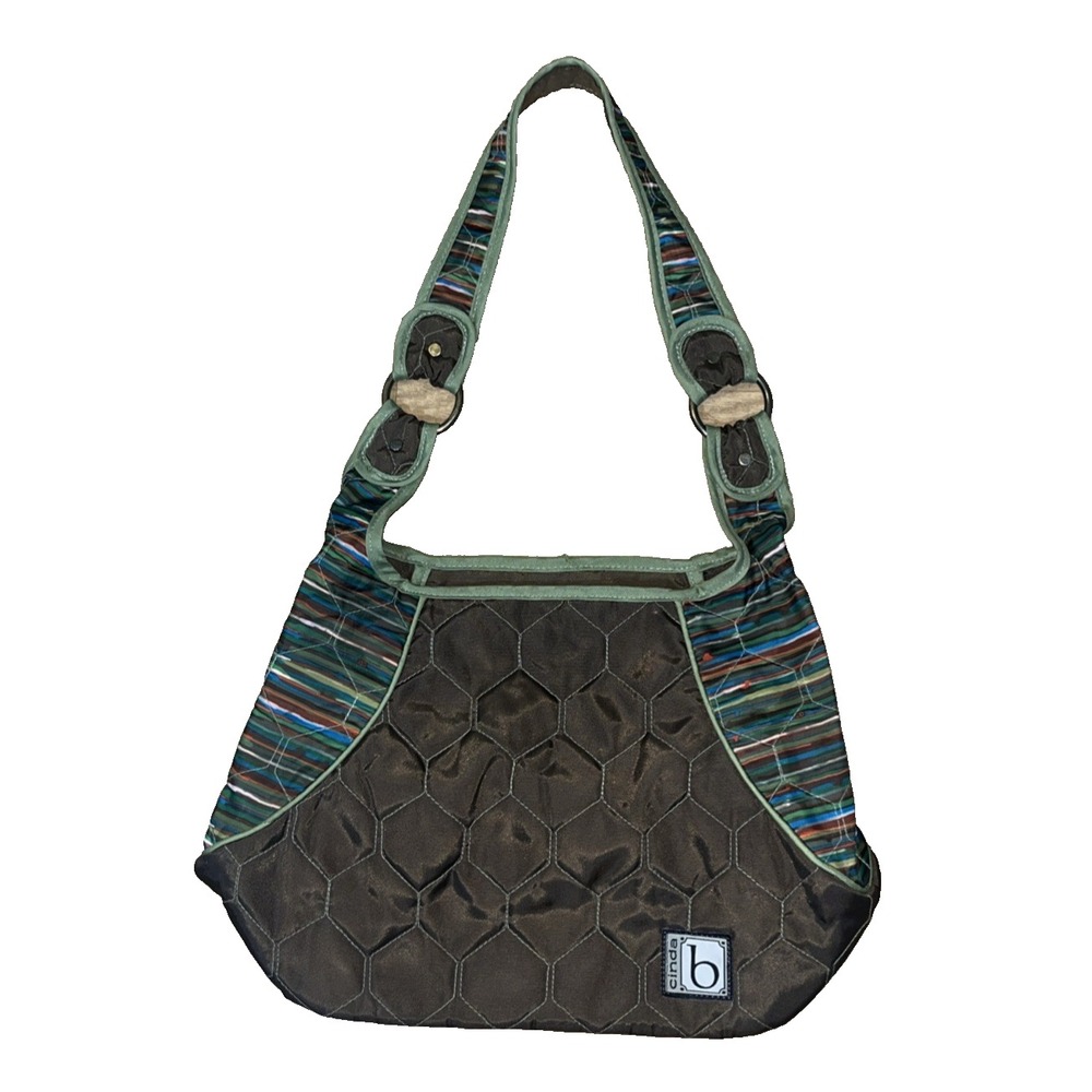 CINDA B Quilted Purse Shoulder Bag Brown Green Nylon USA